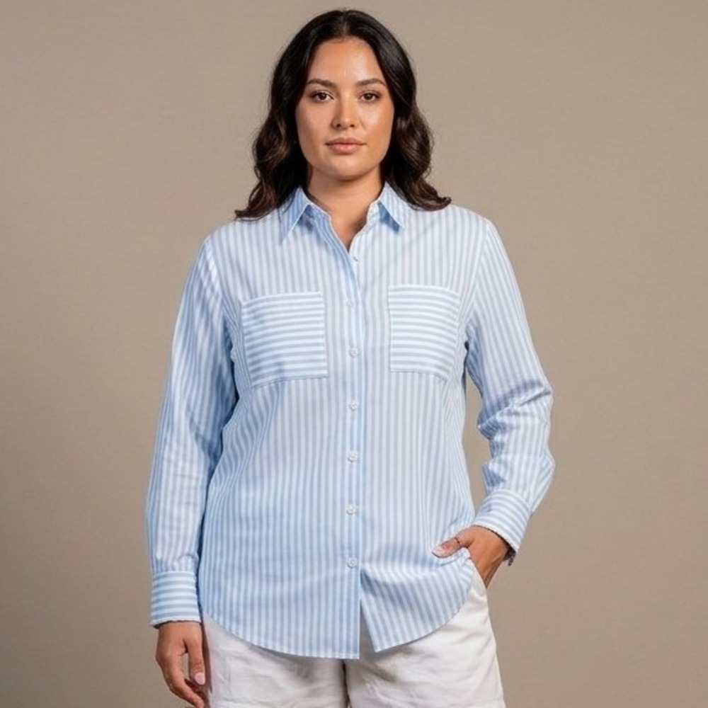 NASHIE Women Button Down Shirt 5XL Blue White Stripe Polyester Spandex Coastal